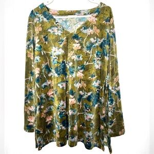 Pure J Jill Velour V Neck Popover Top Sz L Floral Artsy Stretch‎ Church Mature